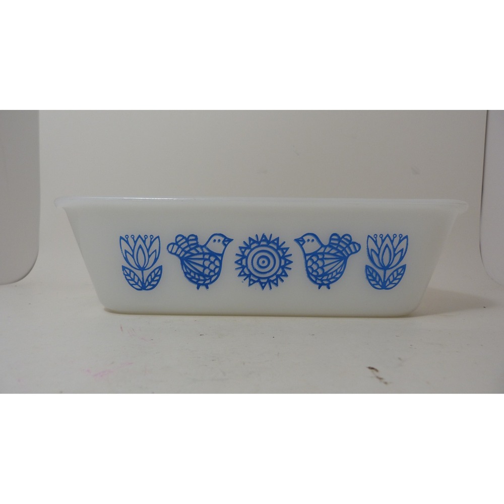 Vintage Glasbake J522 Milk Glass Loaf Pan, Retro Blue Birds & Flowers